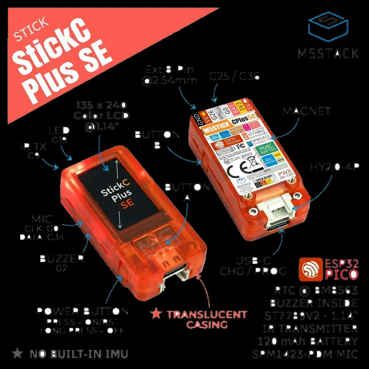 M5StickC Plus SE มุมเฉียง หน้าจอและปุ่มกด